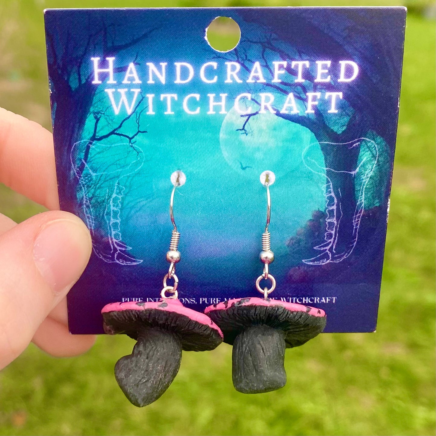 Rosy Warden - Pink and Black Mushroom Earrings