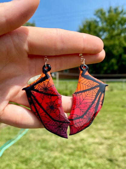 Midnight Web – Spiderweb Bat Wing Dangle Earrings