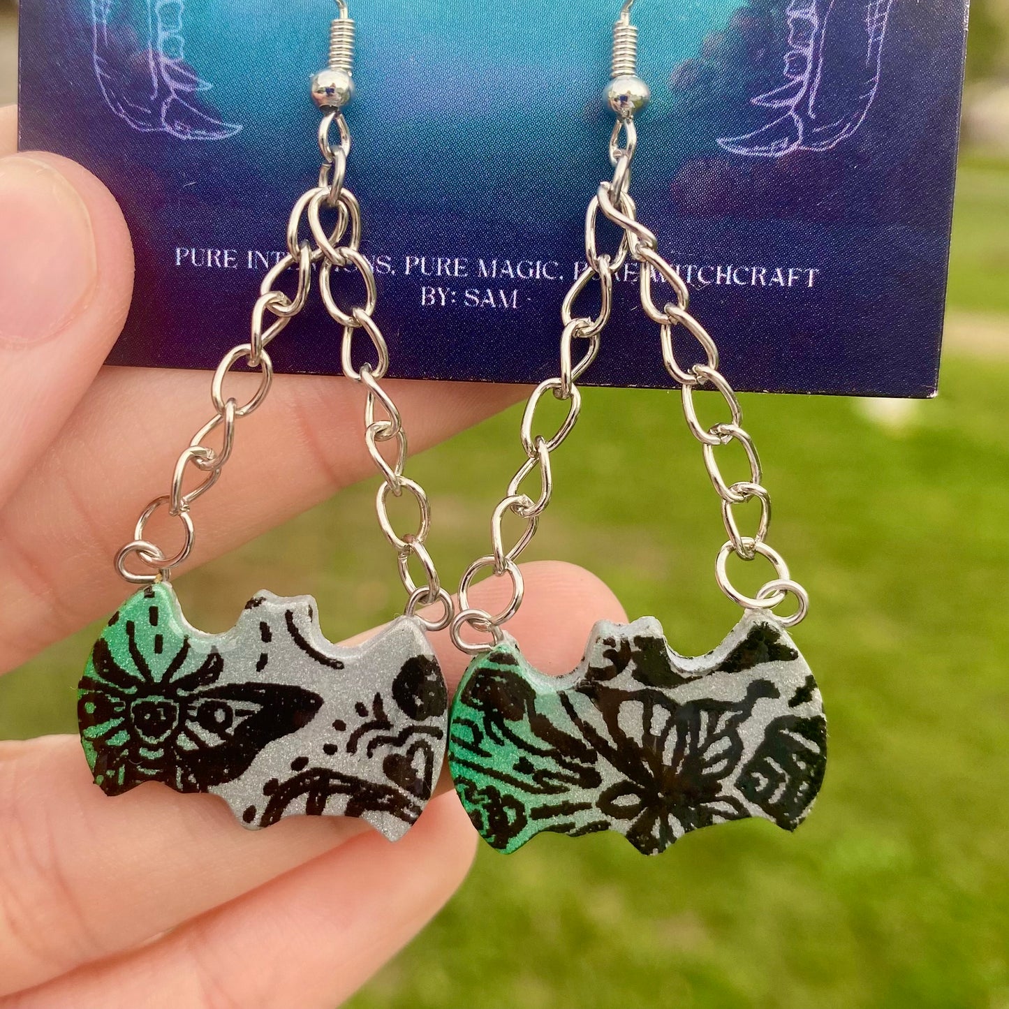 Gothic Bats with Metallic Gradient and Chain Dangle Earrings