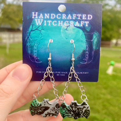 Gothic Bats with Metallic Gradient and Chain Dangle Earrings