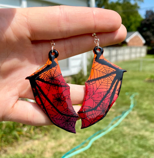 Midnight Web – Spiderweb Bat Wing Dangle Earrings