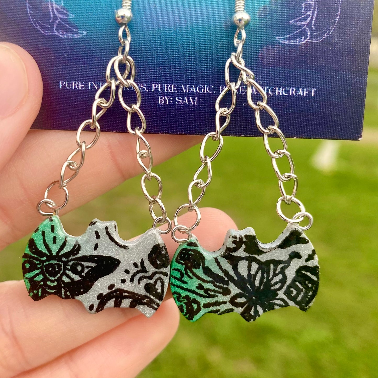 Gothic Bats with Metallic Gradient and Chain Dangle Earrings