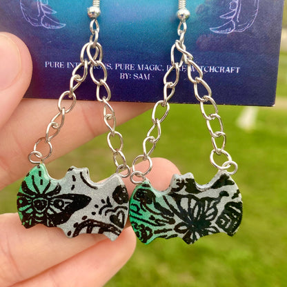 Gothic Bats with Metallic Gradient and Chain Dangle Earrings