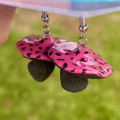Rosy Warden - Pink and Black Mushroom Earrings