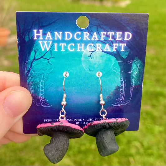 Rosy Warden - Pink and Black Mushroom Earrings