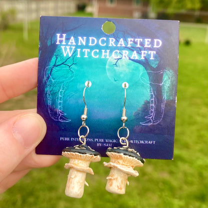 Midnight Warden - Black Cap Mushroom Earrings