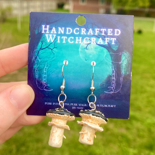 Midnight Warden - Black Cap Mushroom Earrings