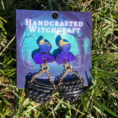 Cauldron’s Whisper – Gothic Moth & Smoke Dangle Earrings