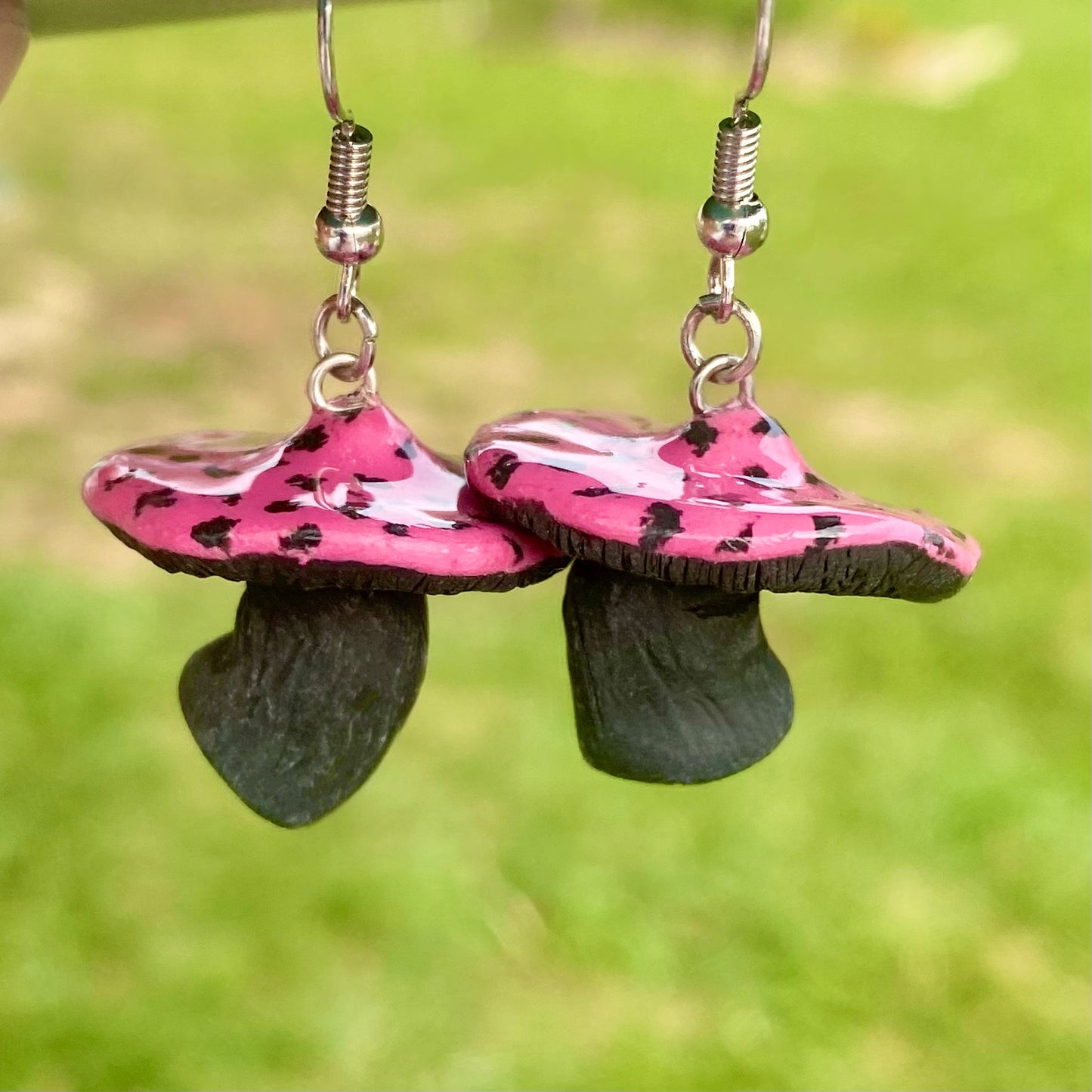 Rosy Warden - Pink and Black Mushroom Earrings