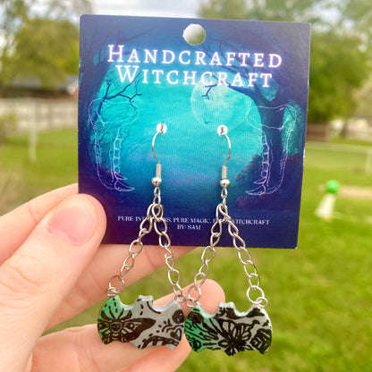 Gothic Bats with Metallic Gradient and Chain Dangle Earrings