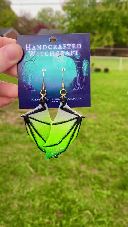 Enchanted Flight – Silver & Green Bat Wing Dangle Earrings